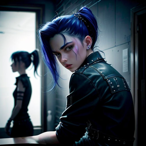 a woman with blue hair and piercings standing next to a door with another woman in the background wearing a black dress