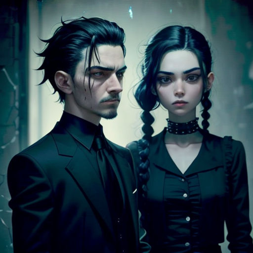 a man and a woman dressed in black standing next to each other in a room with a wall and a door