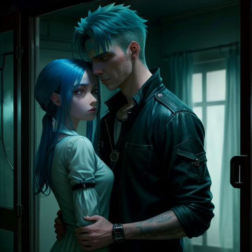 a man and a woman standing next to each other in a room with a window and a curtain on the wall