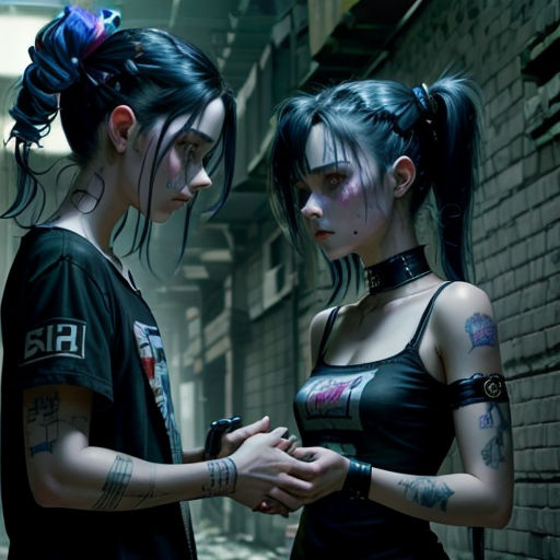 two girls standing next to each other in a alleyway with tattoos on their arms and shoulder and hands