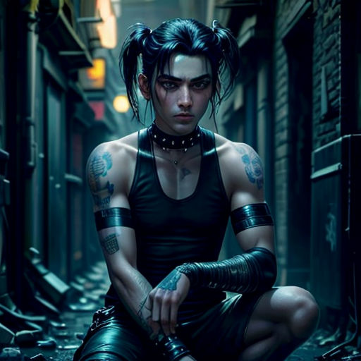 a woman with tattoos sitting on the ground in a alleyway with a gun in her hand and a knife in her other hand