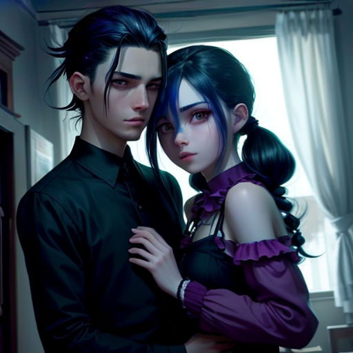 a couple of people standing next to each other in a room with a window and curtains behind them and a curtain