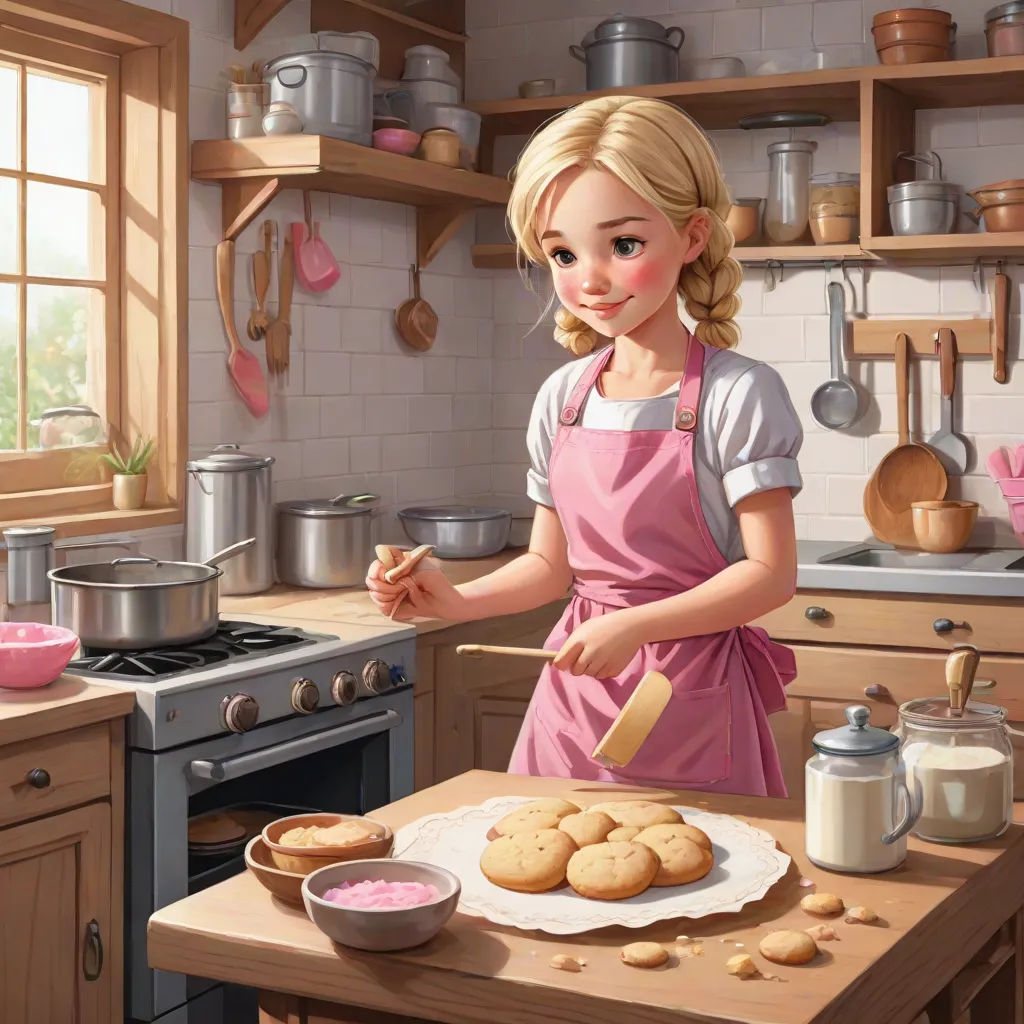 a painting of a girl in a kitchen preparing cookies and milk for baking cookies on a pan and a pan of cookies on a counter, american scene painting, a storybook illustration, Caroline Lucy Scott, kinkade