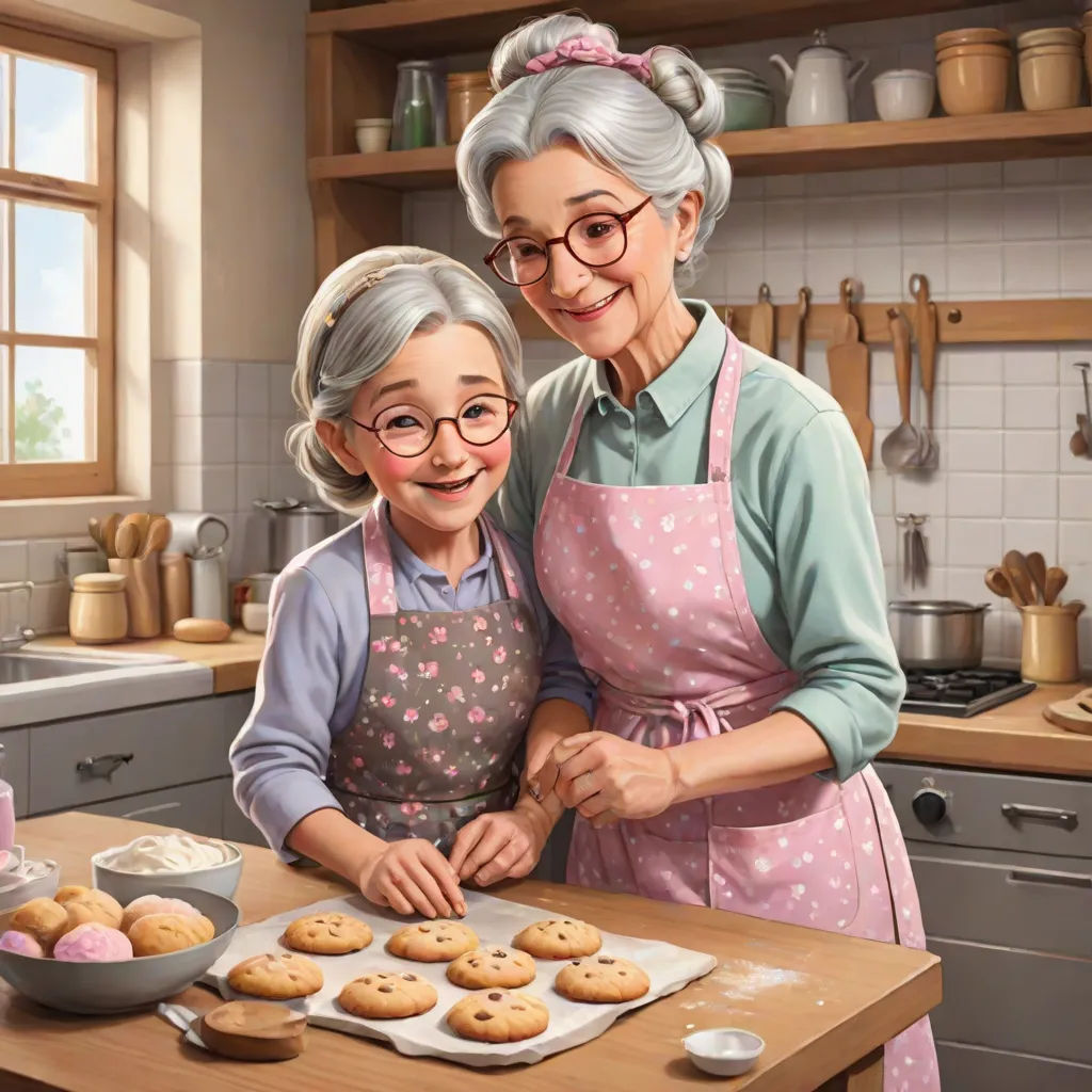 a painting of an older woman and a young girl making cookies together in a kitchen with a wooden table, american scene painting, a storybook illustration, Chris LaBrooy, ultra realistic digital art
