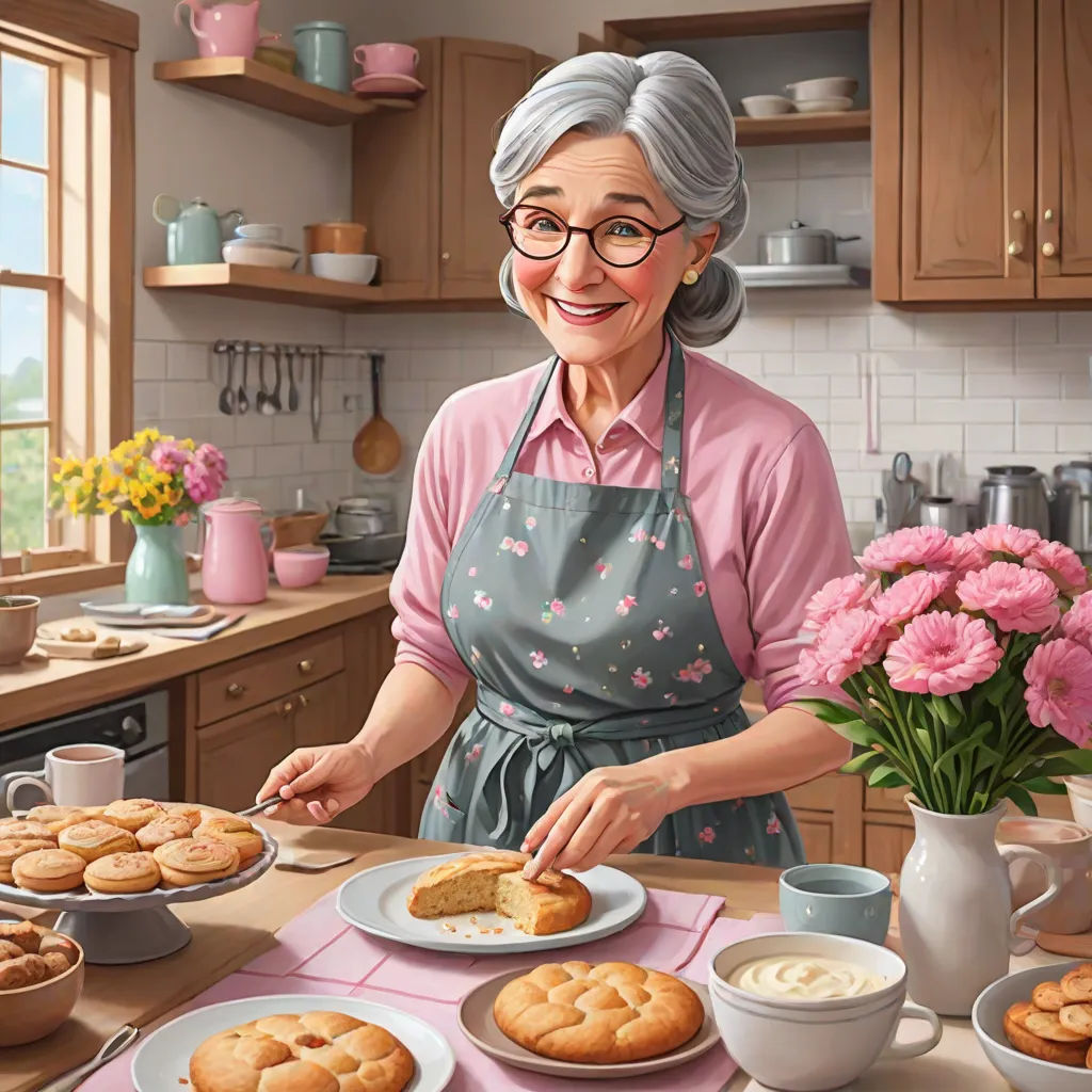 a woman in a kitchen preparing food on a table with flowers in a vase and a vase of flowers, american scene painting, a stock photo, Bob Byerley, highly detailed digital painting