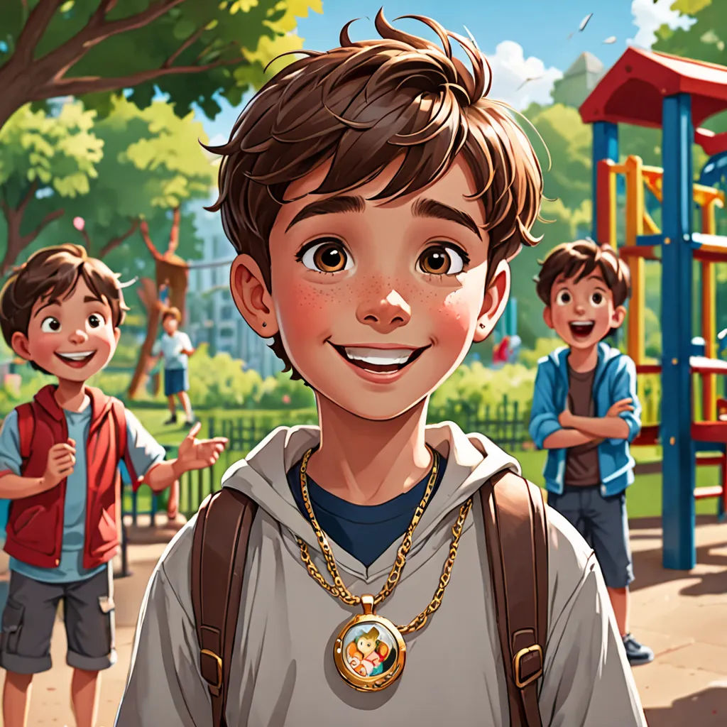 a boy in a park with other children in the background and a playground with a playground structure in the background, sots art, a storybook illustration, Alejandro Burdisio, official art