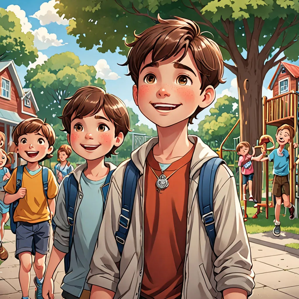 a boy and a girl are standing in front of a playground with a group of children in the background, vancouver school, a storybook illustration, Diego Gisbert Llorens, comic cover art