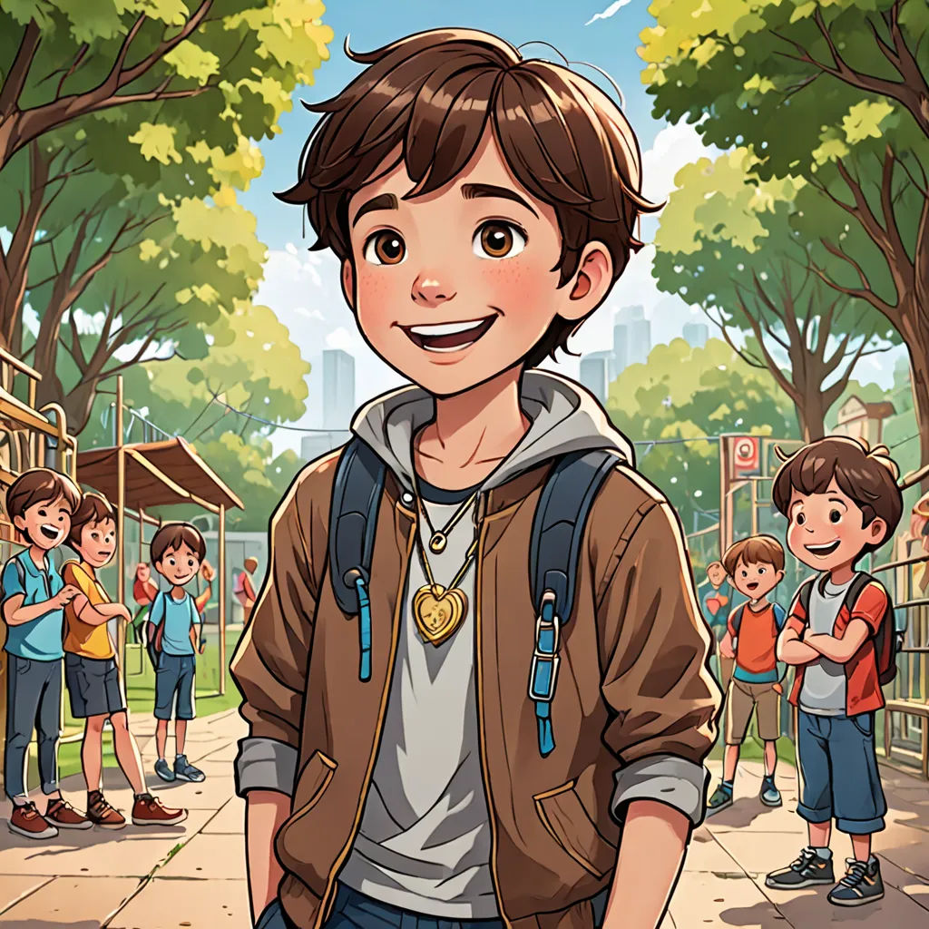 a boy in a park with a group of children behind him and a cartoon of him smiling at the camera, paris school, a character portrait, Cedric Seaut (Keos Masons), key art