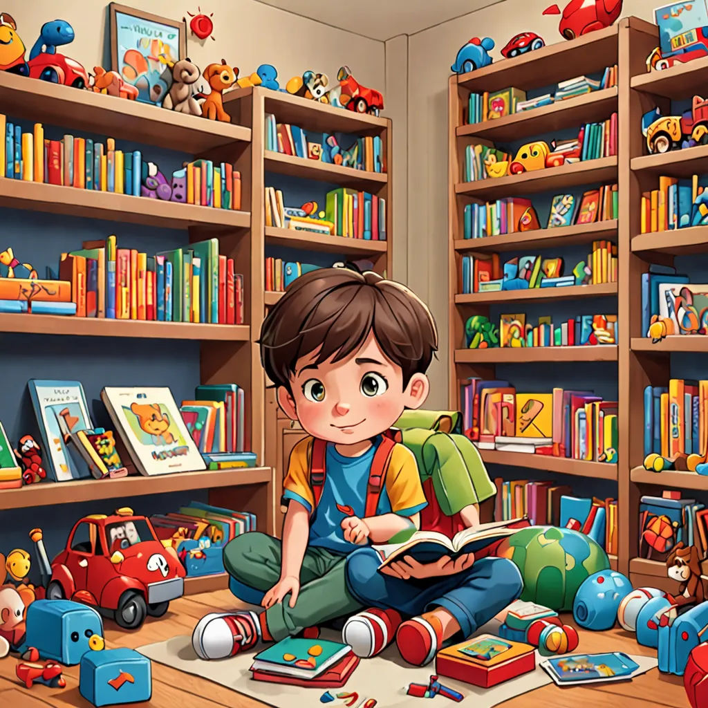 a boy reading a book in a room full of bookshelves and toys on the floor and a wooden table, lyco art, a storybook illustration, Diego Gisbert Llorens, storybook illustration