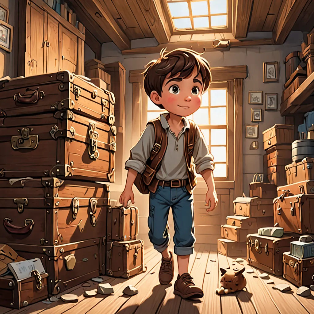 a boy is standing in a room with many trunks and boxes on the floor and a teddy bear is lying on the floor, fantasy art, a storybook illustration, Diego Gisbert Llorens, rossdraws global illumination