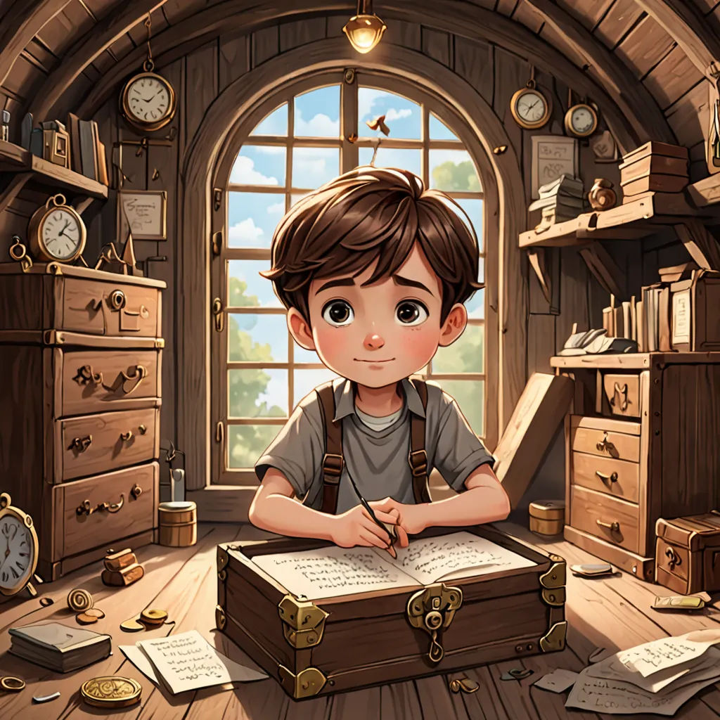 a boy sitting at a desk with a book and a suitcase in front of him and a clock on the wall, fantasy art, a storybook illustration, Diego Gisbert Llorens, storybook illustration