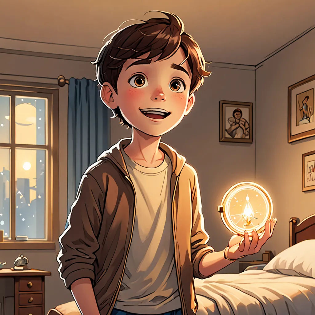 a boy holding a glowing light in his hand in a bedroom with a bed and a window in the background, magical realism, a comic book panel, Cliff Childs, rossdraws global illumination