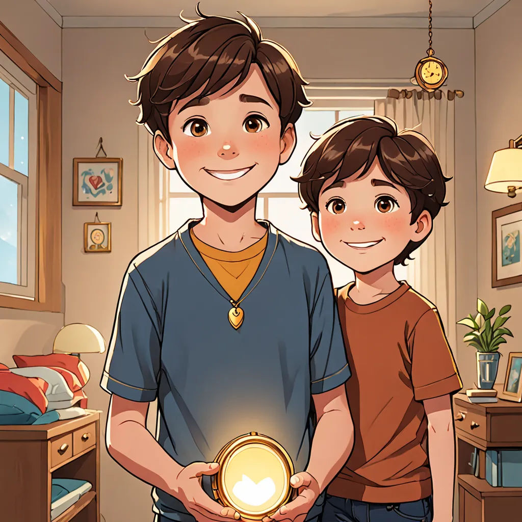 a boy and a boy holding a golden ball in a room with a window and a bed in the background, symbolism, a storybook illustration, Diego Gisbert Llorens, rossdraws global illumination