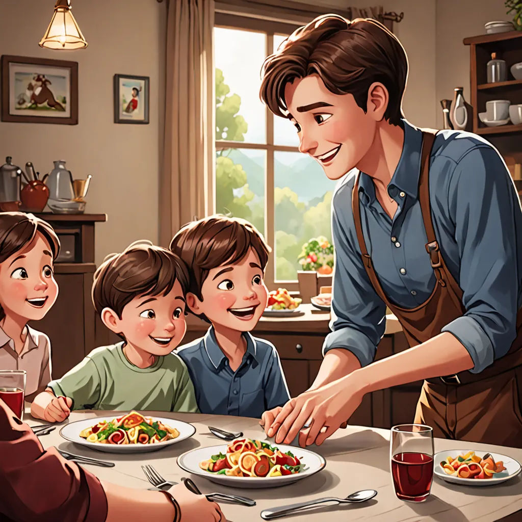 a man is serving a plate of food to a family at a table with plates of food on it, fantastic realism, a storybook illustration, Alejandro Burdisio, official art