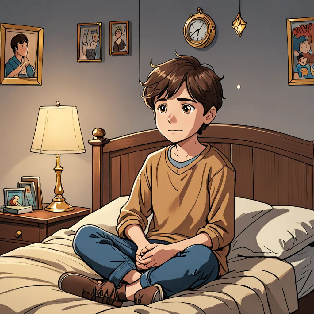 a boy sitting on a bed in a bedroom with a lamp and pictures on the wall behind him and a lamp on the nightstand, sots art, a comic book panel, Cliff Childs, graphic novel