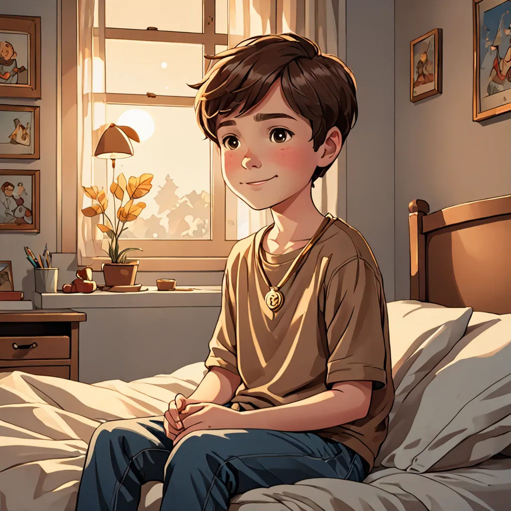 a boy sitting on a bed in a bedroom with a window and a lamp on the wall behind him, sots art, a storybook illustration, Diego Gisbert Llorens, official art