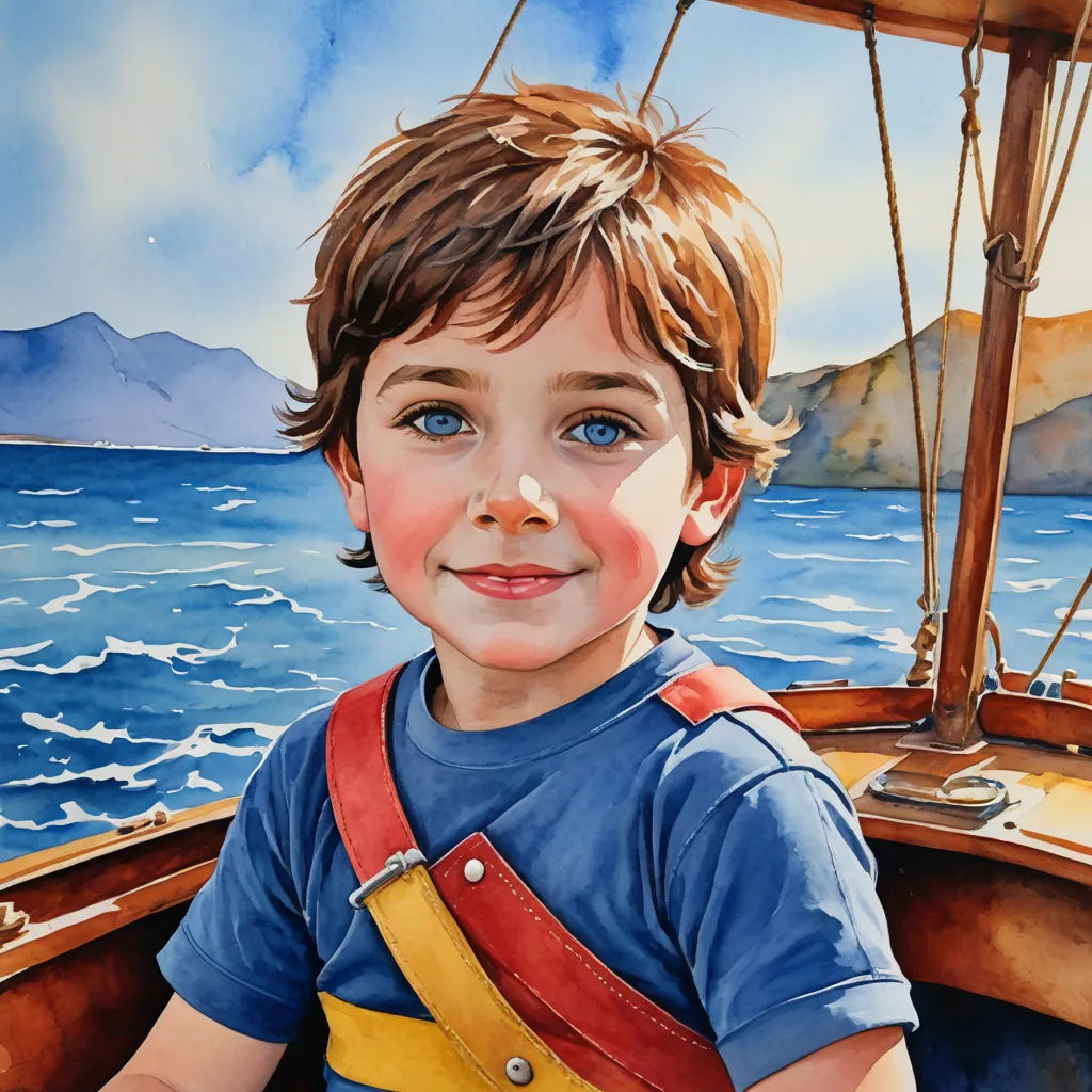 a painting of a boy on a boat in the ocean with a mountain in the background and a blue sky, photorealism, a watercolor painting, Diego Gisbert Llorens, photorealistic portrait
