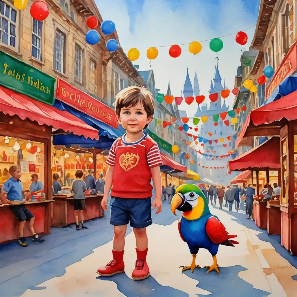 a painting of a boy standing next to a parrot on a street with a crowd of people in the background, magic realism, a storybook illustration, Chris LaBrooy, highly detailed digital painting