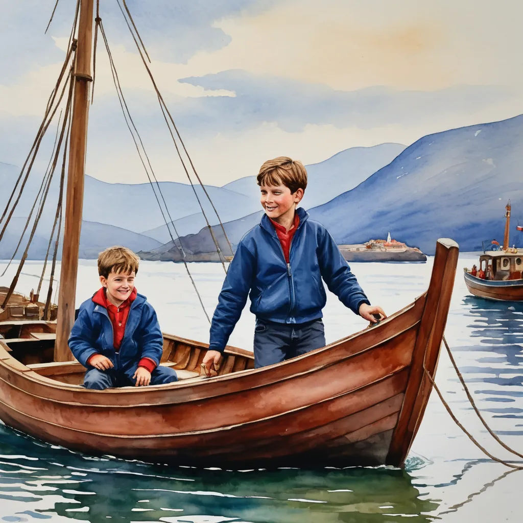a painting of two boys in a boat on the water with mountains in the background and a painting of a boat on the water, figurative art, an ultrafine detailed painting, Brothers Hildebrandt, detailed painting