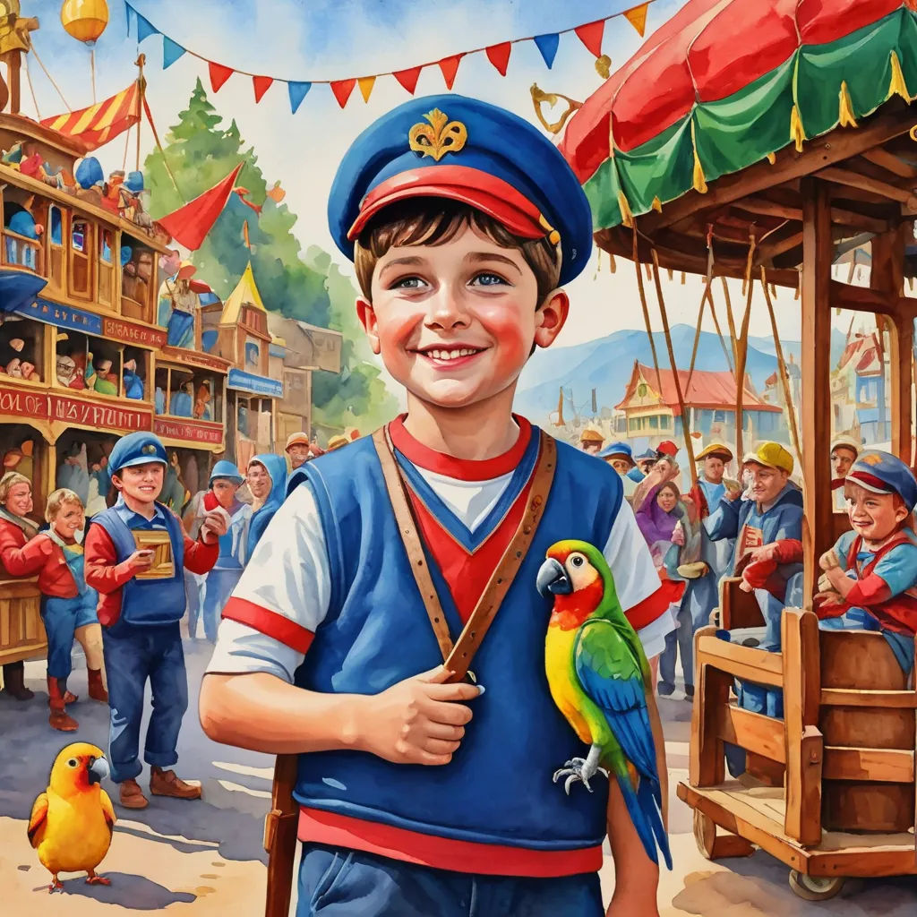 a painting of a boy with a parrot on his shoulder and a crowd of people behind him, all dressed in blue, fantastic realism, a detailed matte painting, Bob Byerley, highly detailed oil painting
