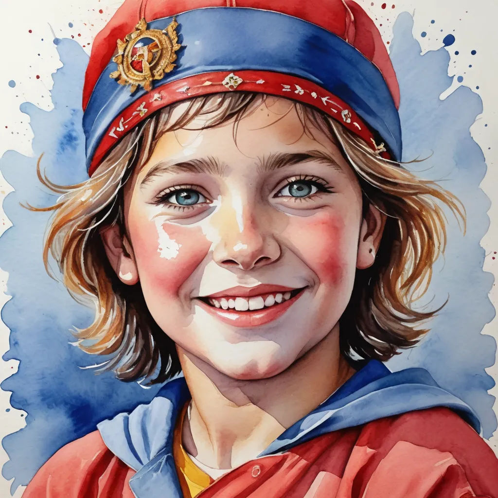 a painting of a young boy wearing a red and blue hat and smiling at the camera with a blue background, photorealism, a photorealistic painting, Diego Gisbert Llorens, photorealistic portrait