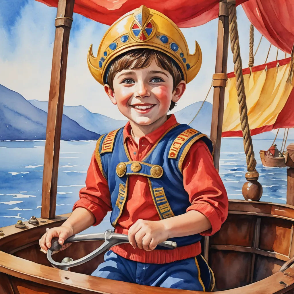 a painting of a boy in a pirate costume on a boat with a steering wheel and a smile on his face, sots art, an ultrafine detailed painting, Carl Gustaf Pilo, highly detailed digital painting