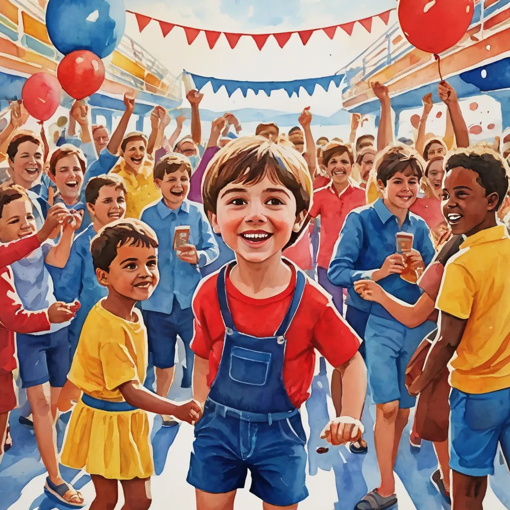 a painting of a boy in overalls and a red shirt with a beer in his hand and a group of children in blue shorts, american scene painting, an ultrafine detailed painting, Bob Byerley, official art