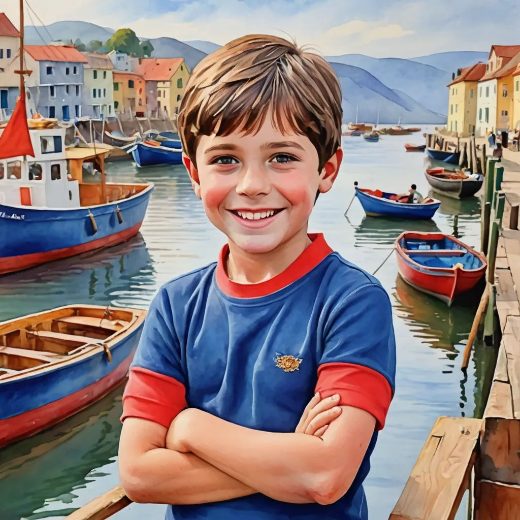 a painting of a boy standing in front of a harbor with boats and buildings in the background and a painting of a boy smiling, photorealism, a photorealistic painting, Bob Byerley, extremely detailed oil painting