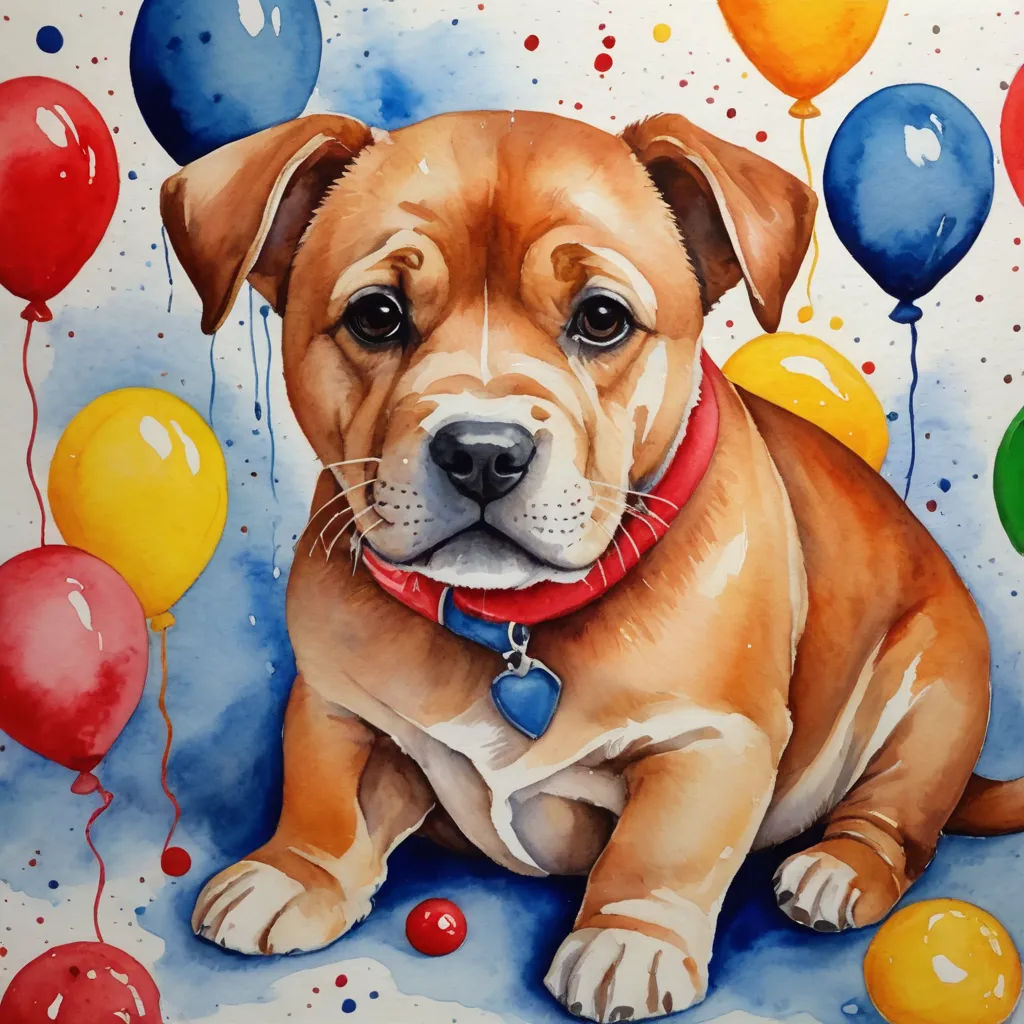 a painting of a dog with balloons in the background and a blue sky with clouds and stars in the foreground, photorealism, a watercolor painting, Claire Dalby, detailed painting