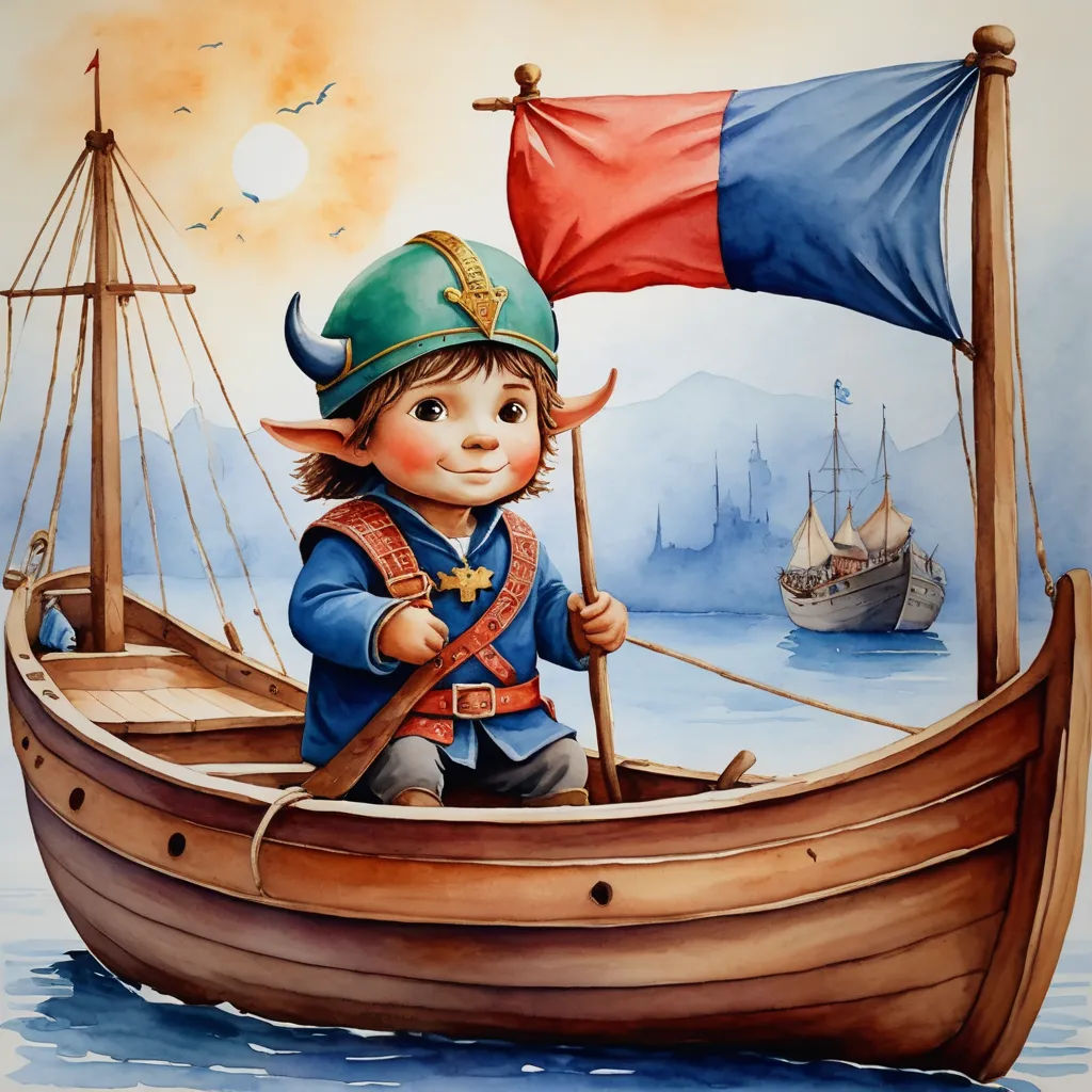 a painting of a boy in a boat with a flag on it's head and a pirate hat on, fantasy art, a storybook illustration, Clovis Trouille, fantasy artwork