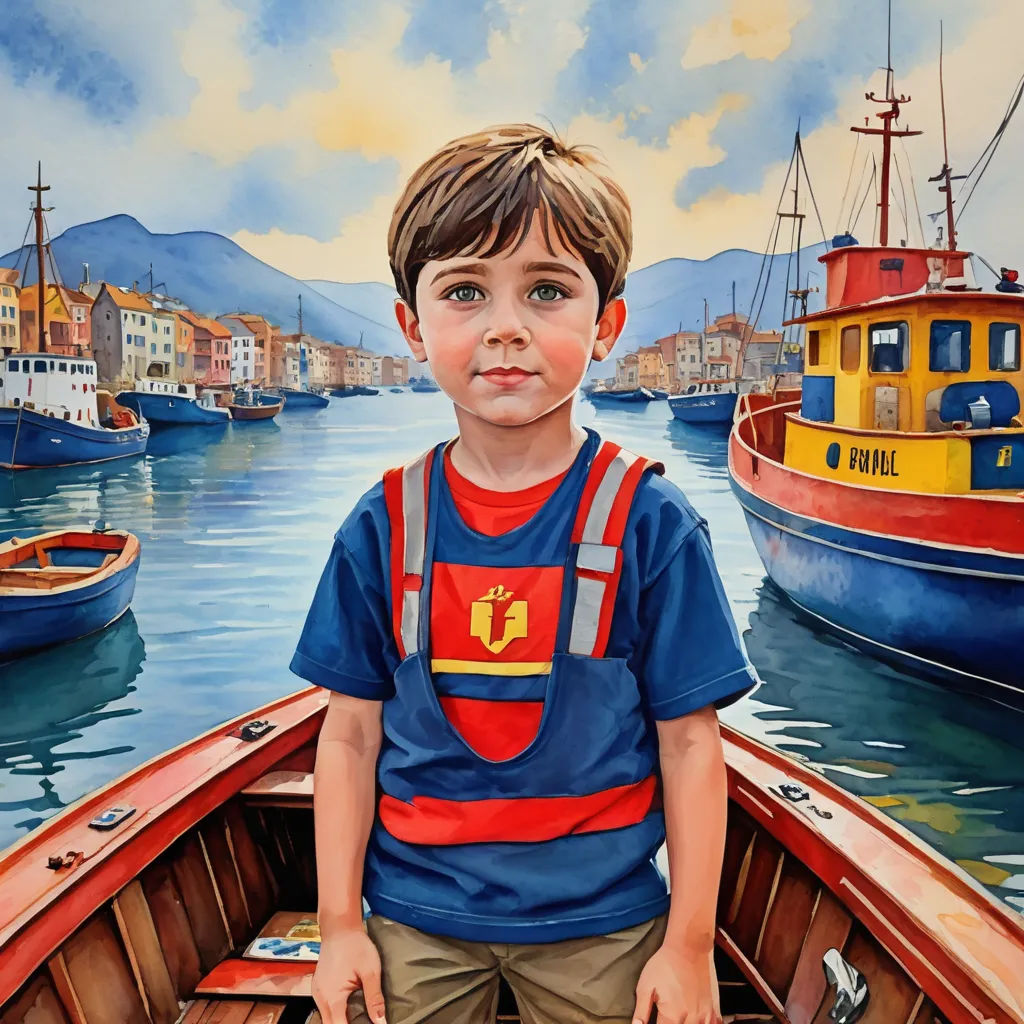a painting of a boy in a boat in a harbor with boats in the water and a town in the background, photorealism, a photorealistic painting, Diego Gisbert Llorens, highly detailed digital painting