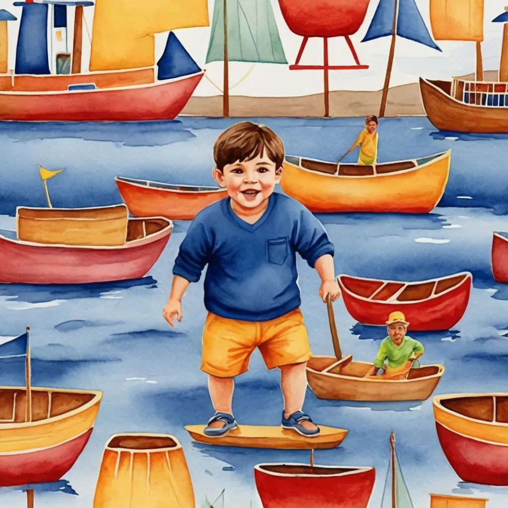 a painting of a boy on a paddle boat in a harbor with boats and a boy on a paddle boat, naive art, a watercolor painting, Diego Gisbert Llorens, in gouache detailed paintings