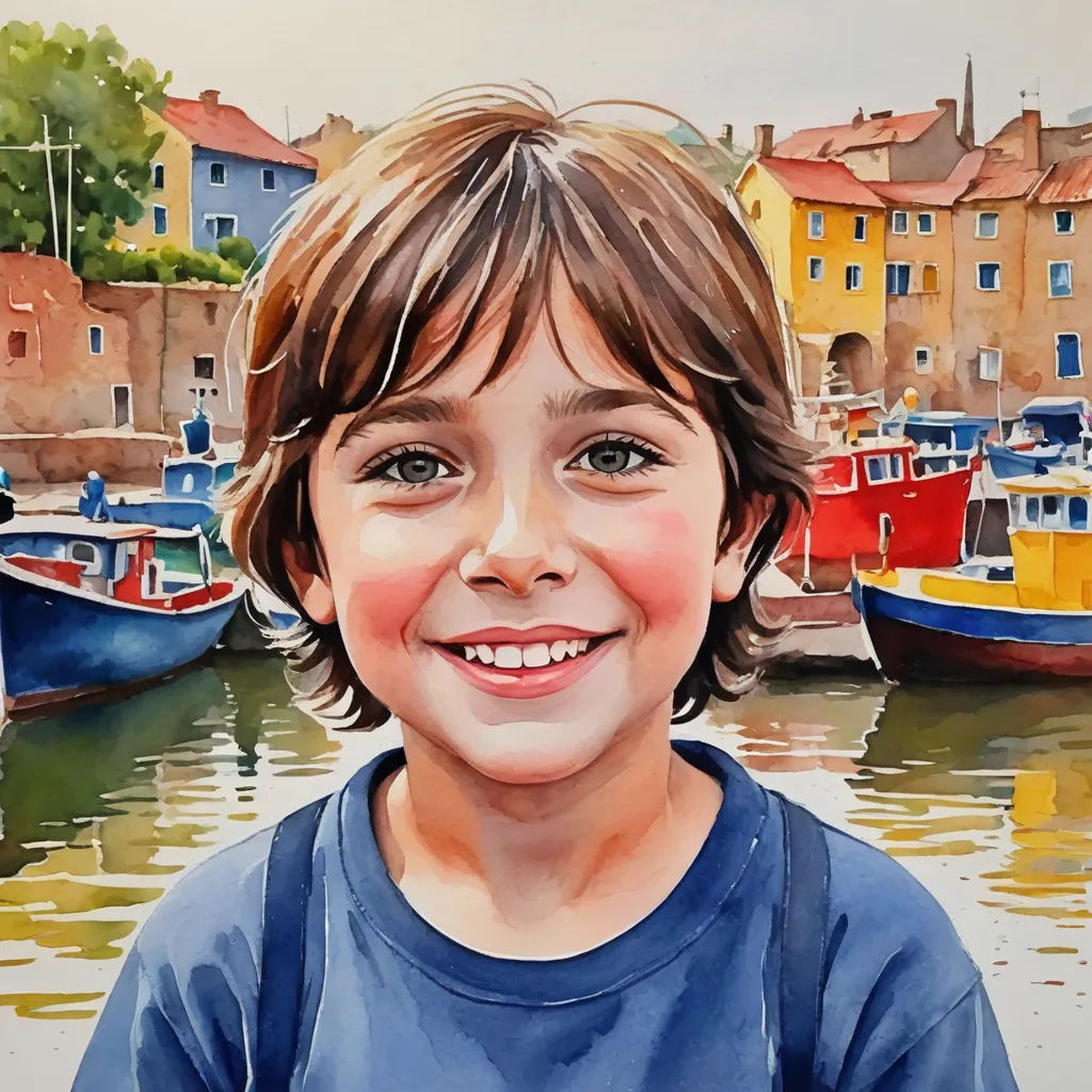 a painting of a boy smiling in front of a harbor with boats in the water and buildings in the background, photorealism, a photorealistic painting, Diego Gisbert Llorens, photorealistic portrait