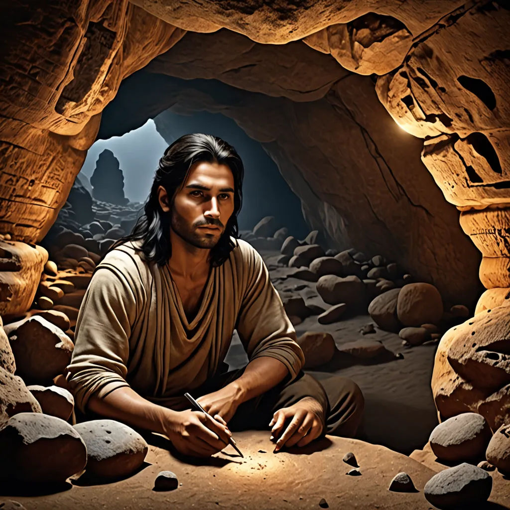 a man sitting in a cave with rocks and rocks around him and a flashlight shining in the cave's mouth, fantasy art, a cave painting, Cedric Seaut (Keos Masons), rembrandt lighting