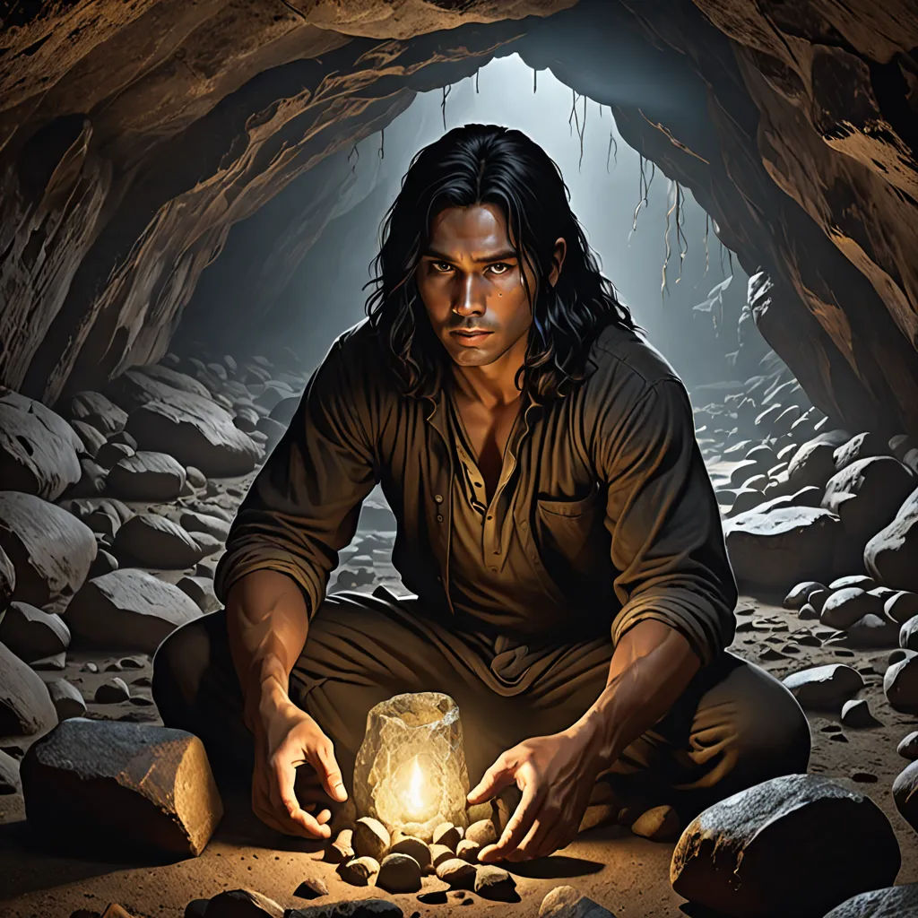 a man sitting in a cave holding a lantern in his hands and looking at the light in the jar, lyco art, a cave painting, Derek Chittock, promotional image