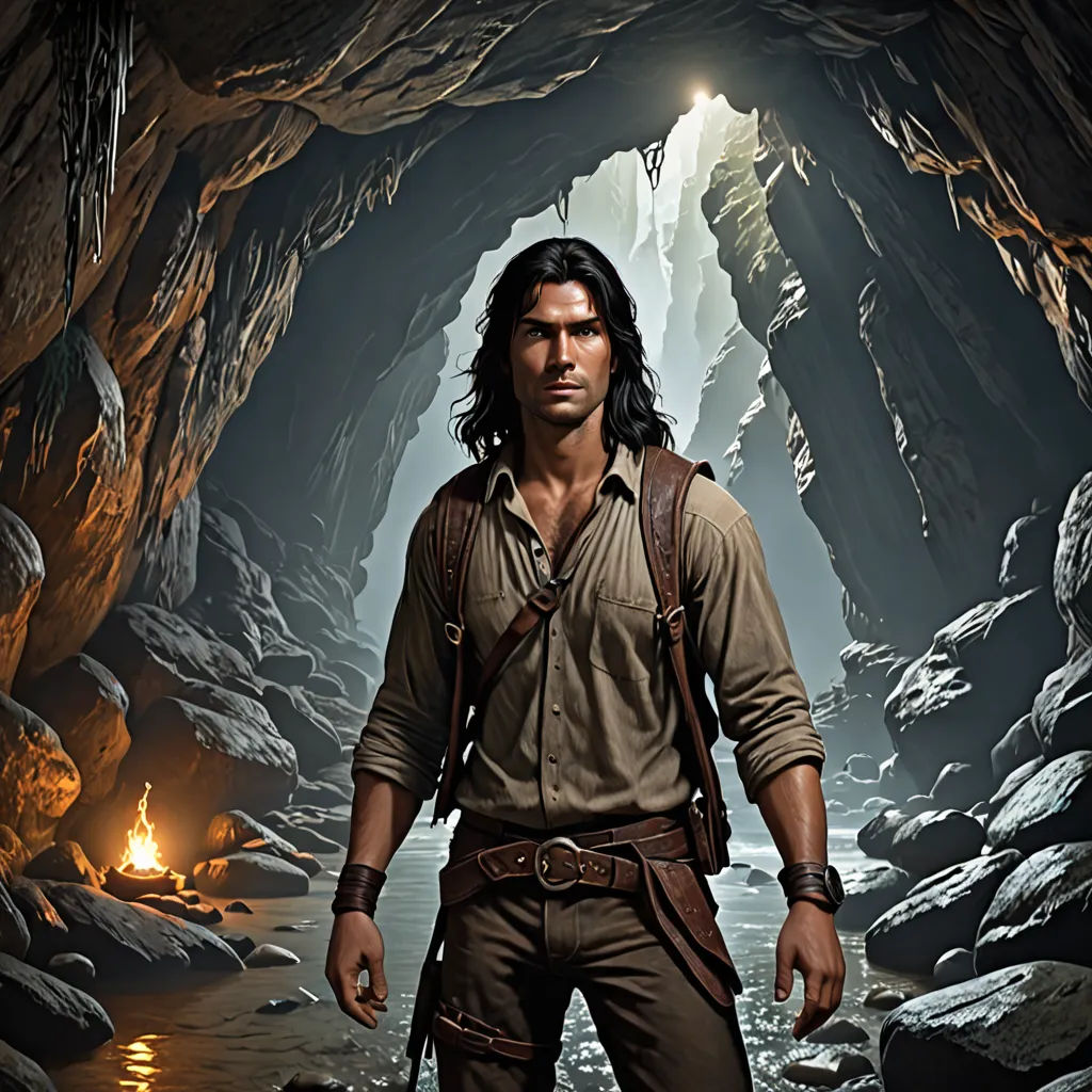 a man in a cave with a flashlight in his hand and a fire in his mouth in the background, fantasy art, a cave painting, Cedric Seaut (Keos Masons), promotional image