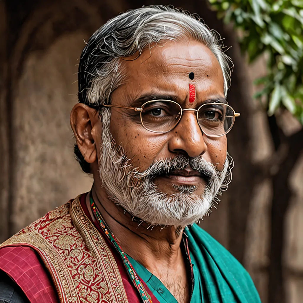 a man with a red nose ring and glasses on his head and a green scarf around his neck and a tree behind him, samikshavad, a character portrait, Bholekar Srihari, movie still frame