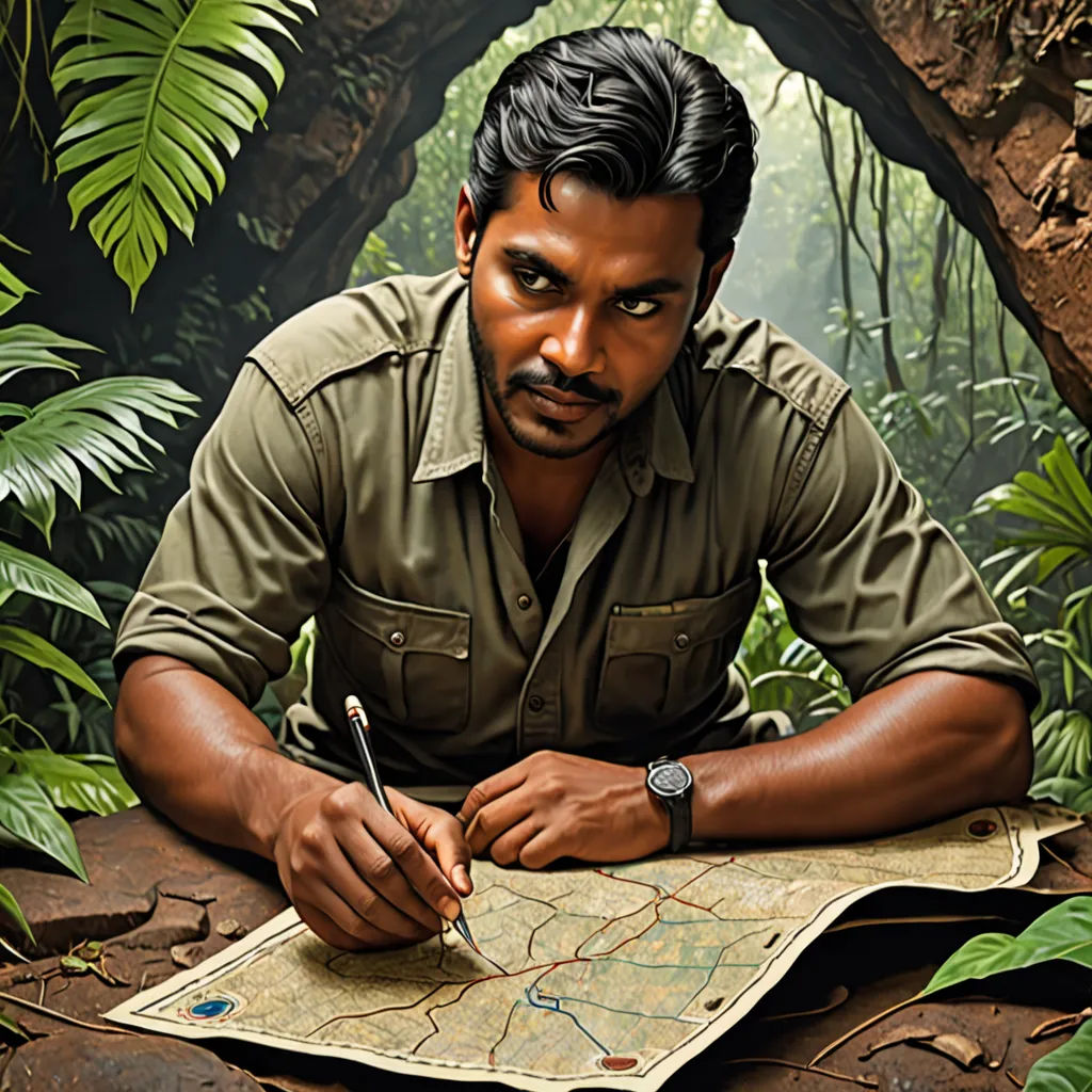 a man sitting in a cave writing on a map with a pen and paper in his hand and a jungle background, primitivism, a character portrait, Anthony Devas, promotional image