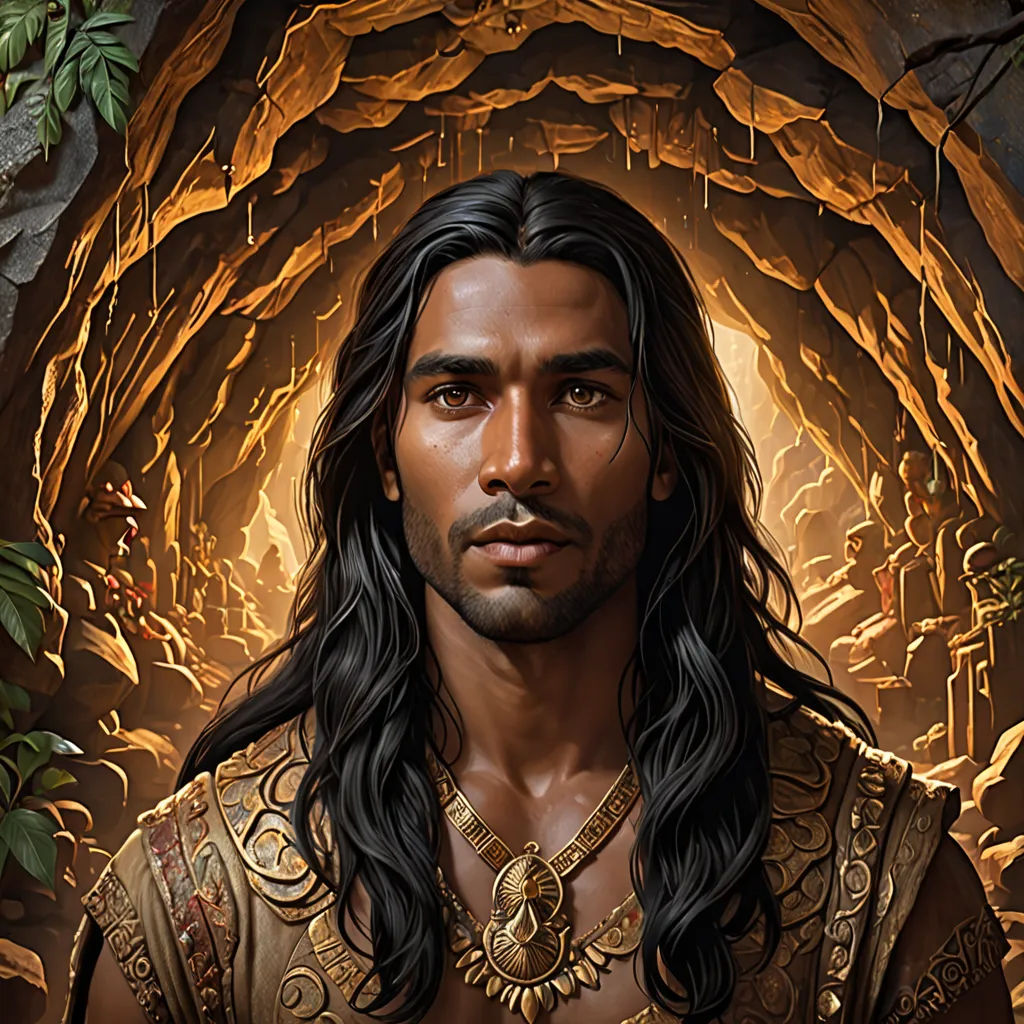 a man with long hair and a beard in a cave with a light coming from behind him and a cave entrance behind him, fantasy art, a character portrait, Cedric Seaut (Keos Masons), epic fantasy character art