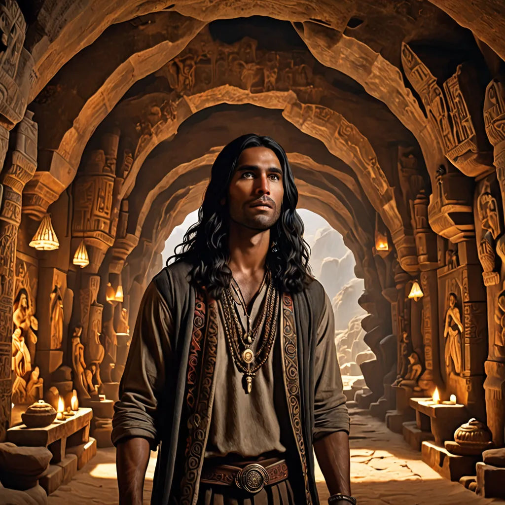 a man in a cave with a lot of lights on the ceiling and a lot of statues on the walls, samikshavad, a detailed matte painting, Amir Zand, promotional image