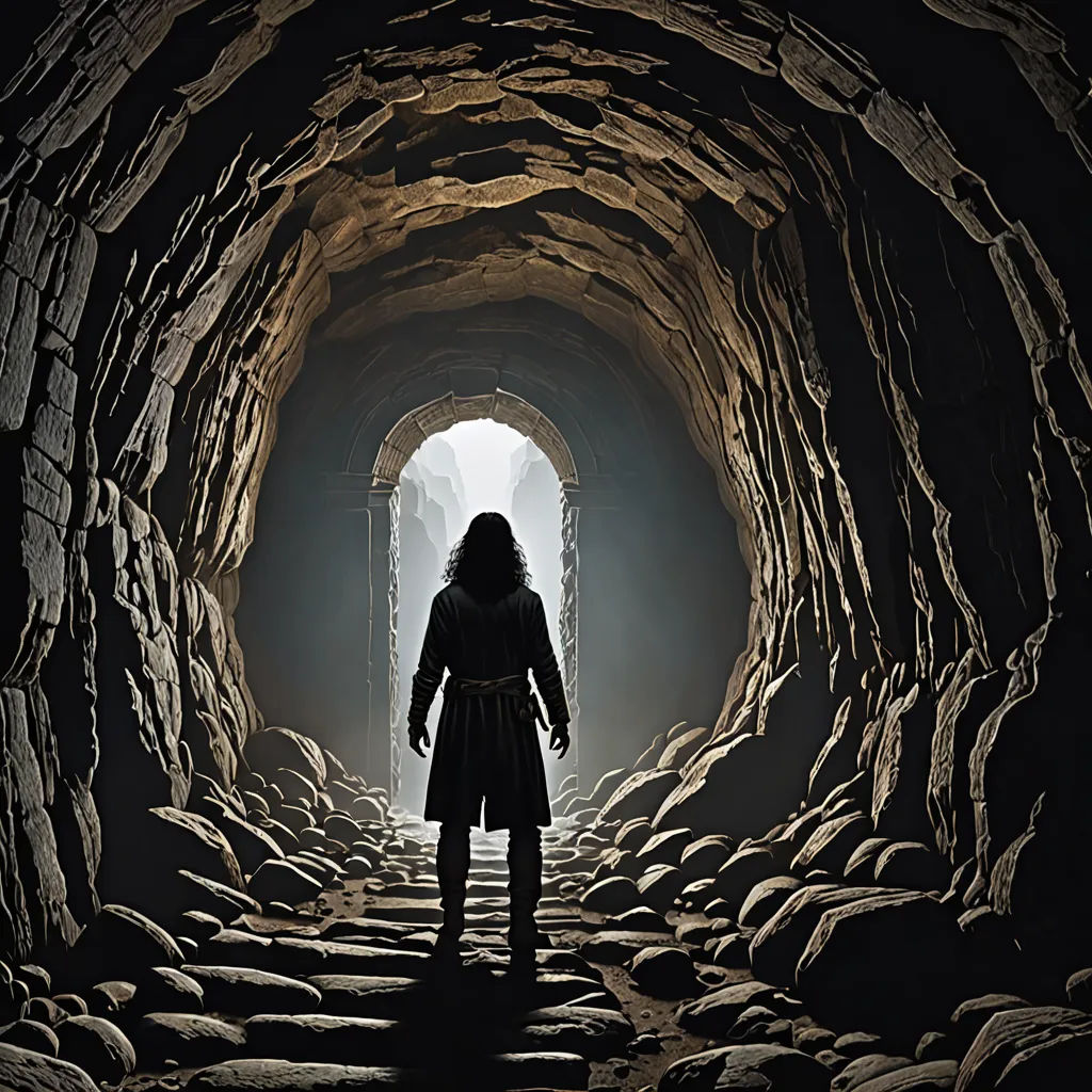 a woman standing in a cave with a light at the end of the tunnel and a dark background with rocks, antipodeans, a cave painting, Dirk Crabeth, promotional image