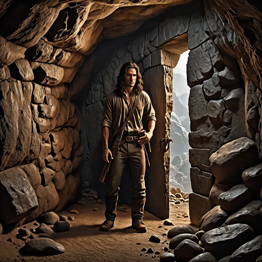 a man standing in a cave with a gun in his hand and a rock wall behind him and a mountain in the background, fantasy art, a cave painting, Dirk Crabeth, promotional image