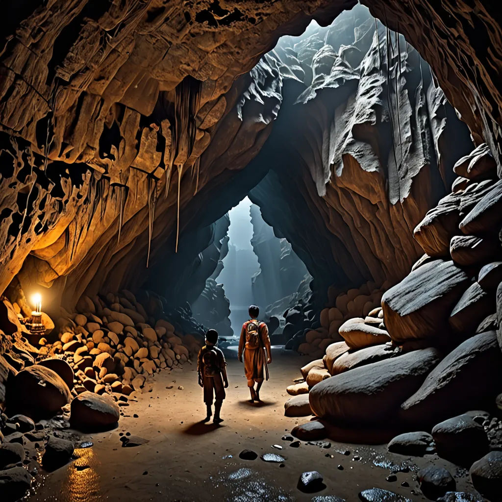 two people walking through a cave with a light on the side of it and a cave entrance with a cave entrance, art photography, a cave painting, Choi Buk, award - winning photography