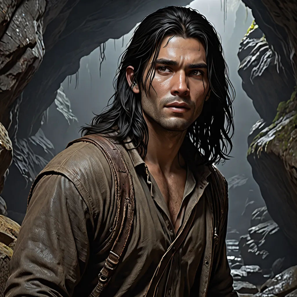 a man with long hair and a beard in a cave with rocks and a waterfall in the background, with a cave entrance in the background, photorealism, a cave painting, Cedric Seaut (Keos Masons), promotional image