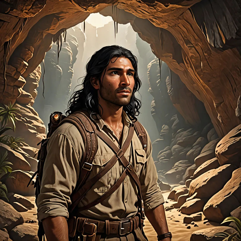 a man with a backpack standing in a cave with a light coming from behind him and a cave entrance behind him, fantasy art, a character portrait, Diego Gisbert Llorens, promotional image