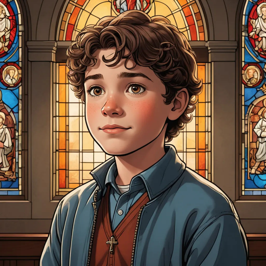 a boy in a blue shirt and a stained glass window in the background with a stained glass window behind him, photorealism, a comic book panel, Aaron Jasinski, key art