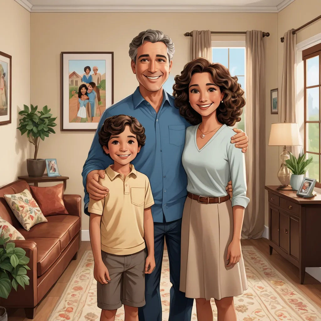 a family portrait of a man, woman and child in a living room with a couch and a coffee table, american scene painting, a storybook illustration, F Scott Hess, professional digital painting