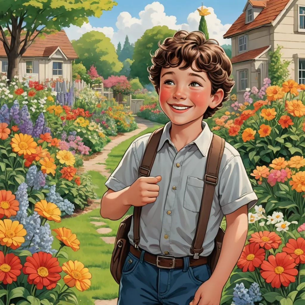 a boy in a garden with flowers and a house in the background with a bird on his head and a bird on his shoulder, american scene painting, a storybook illustration, Bob Byerley, kinkade