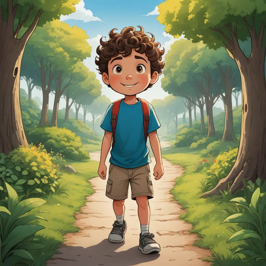 a boy standing in the middle of a forest with a backpack on his back and a trail leading to the woods, serial art, a storybook illustration, Aaron Jasinski, comic cover art