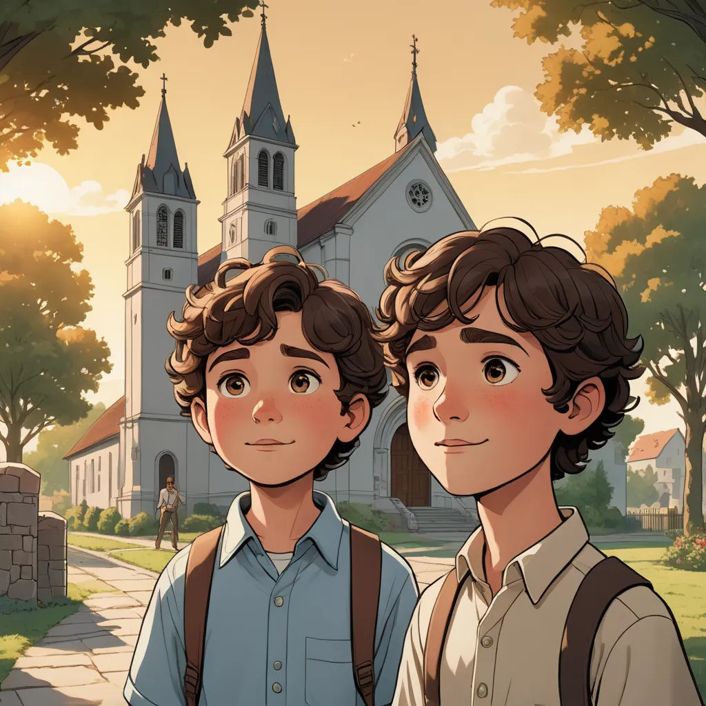 two young boys standing in front of a church with a clock tower in the background, in a cartoon style, paris school, a comic book panel, Brothers Hildebrandt, rossdraws global illumination